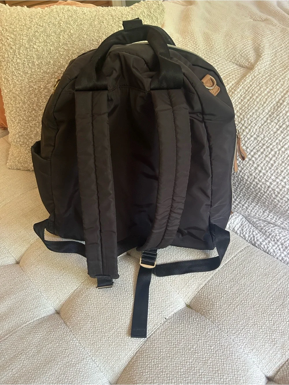 Skip Hop 6 in 1 Black Quilted Diaper Backpack with Tan Trim and Accessories